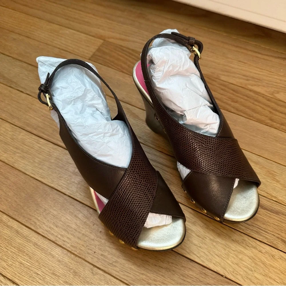 Lilly Pulitzer Callie Wedge Leather Brazilian Brown Womens 7 New